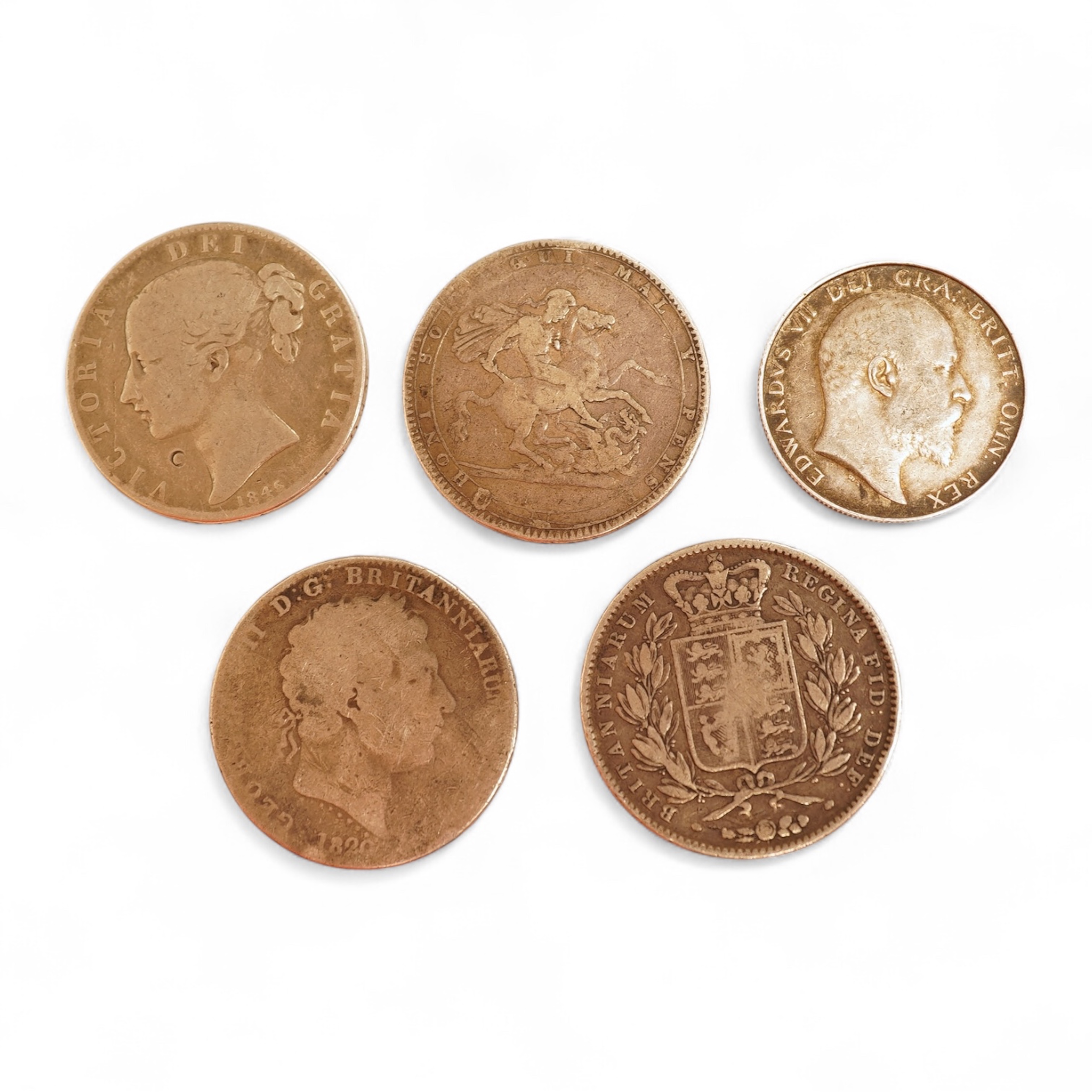 British coins, George III to Edward VII, four crowns, 1819, 1820, two 1845 and Edward VII halfcrown 1910, VF (5)
